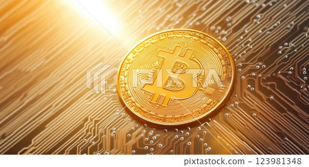 Golden Glow Bitcoin Symbol in High-Tech Circuitry Golden Glow Bitcoin Symbol in High-Tech Circuitry 123981348