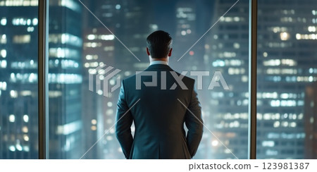City Lights Seen from Office Window with Silhouetted Man City Lights Seen from Office Window with Silhouetted Man 123981387