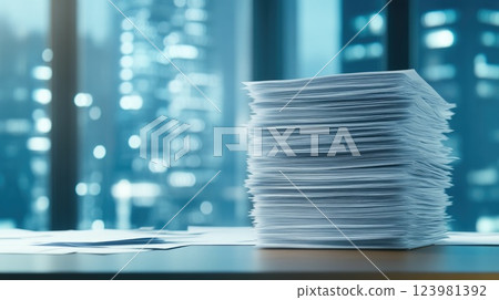 Corporate desk covered with paperwork and data screens 123981392