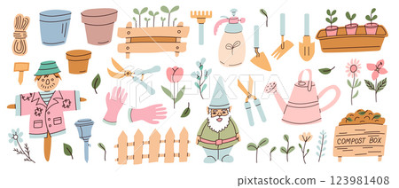 Gardening tools and whimsical characters arranged in a colorful outdoor setting for spring planting fun Gardening tools and whimsical characters arranged in a colorful outdoor setting for spring planting fun 123981408