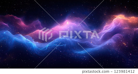 Colorful cosmic waves of energy floating in the expanse of the universe during a starry night Colorful cosmic waves of energy floating in the expanse of the universe during a starry night 123981412