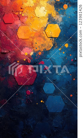 Vibrant hexagonal patterns in bold colors create a striking abstract artwork on textured background Vibrant hexagonal patterns in bold colors create a striking abstract artwork on textured background 123981426