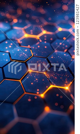 Detailed hexagonal pattern glowing with orange light against a deep blue background, creating a futuristic technology feel Detailed hexagonal pattern glowing with orange light against a deep blue background, creating a futuristic technology feel 123981427