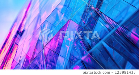Light refracting through colorful geometric glass patterns in an urban setting during twilight hours Light refracting through colorful geometric glass patterns in an urban setting during twilight hours 123981433