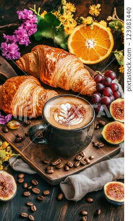 Delicious croissants and coffee served with fresh fruit on a wooden table in a cozy cafe setting 123981440