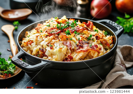 Delicious cooked cabbage with crispy bacon and fresh herbs served in a cast iron pot 123981444