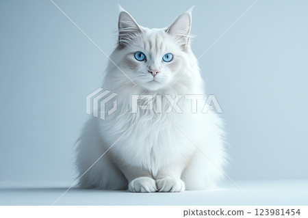 Majestic white cat with striking blue eyes sits calmly against a plain background in soft lighting 123981454