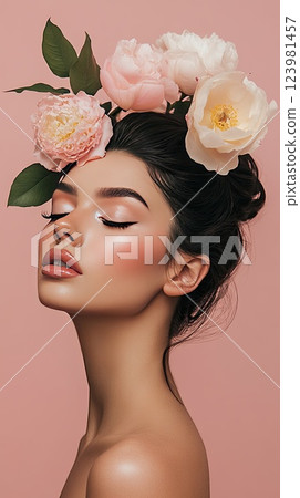 Gorgeous portrait of a woman with floral headpiece against a soft pink backdrop showcasing beauty and elegance Gorgeous portrait of a woman with floral headpiece against a soft pink backdrop showcasing beauty and elegance 123981457