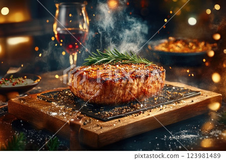 Juicy grilled steak served on a wooden platter with rosemary and a glass of red wine in a dimly lit setting 123981489