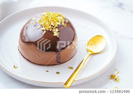 Decadent chocolate mousse topped with edible gold leaf on a white plate with a golden spoon Decadent chocolate mousse topped with edible gold leaf on a white plate with a golden spoon 123981490