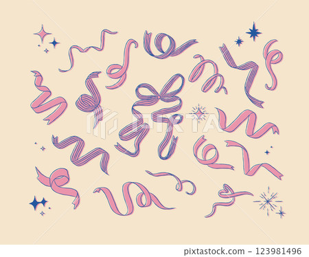 Ribbon variety collection with swirl and stars blue and pink Ribbon variety collection with swirl and stars blue and pink 123981496