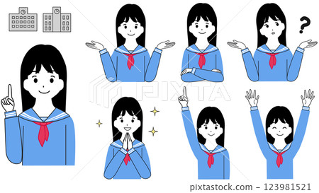 Set of facial expressions of a girl student wearing a sailor suit 123981521