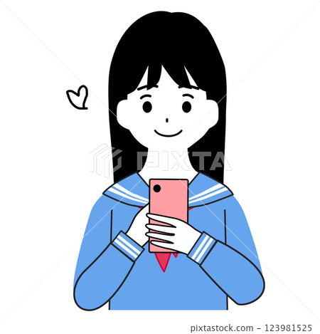 Illustration of a female student operating a smartphone with a smile Illustration of a female student operating a smartphone with a smile 123981525
