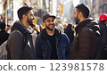 Friendship concept captured as young adults enjoy friendship outdoors, cheerful moment together in urban setting, enjoying daily city life, casual friendship vibe on vibrant street. 123981578