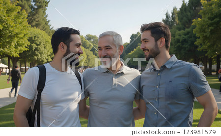 Three cheerful men enjoying sunny friendship moment outdoors, genuine friendship bonding visible between smiling friends, relaxed friendship atmosphere surrounded by green trees during day. Three cheerful men enjoying sunny friendship moment outdoors, genuine friendship bonding visible between smiling friends, relaxed friendship atmosphere surrounded by green trees during day. 123981579