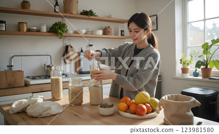 Woman arranging eco friendly products kitchen at home, eco friendly lifestyle choosing sustainable items consciously, natural minimalist interior promoting eco friendly choices daily modern routine. Woman arranging eco friendly products kitchen at home, eco friendly lifestyle choosing sustainable items consciously, natural minimalist interior promoting eco friendly choices daily modern routine. 123981580