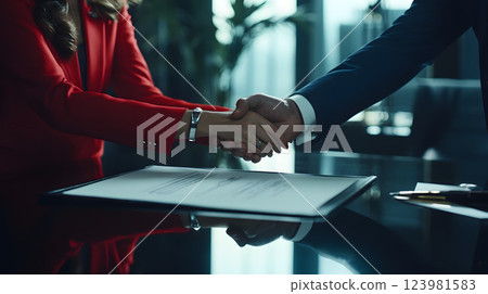 Closeup two business partners doing handshake over desk after signing contract, showing elegance and trust. Handshake symbolizes partnership, cooperation, handshake seals the deal. Closeup two business partners doing handshake over desk after signing contract, showing elegance and trust. Handshake symbolizes partnership, cooperation, handshake seals the deal. 123981583