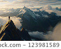 Traveler exploring mountains experiencing breathtaking adventure view, seeker standing on rocky peak, unique adventure discovering untouched landscapes, adventure spirit overcoming fear. 123981589