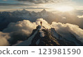 Mountaineering adventure showing man reaching summit, incredible mountaineering achievement above clouds, inspiring mountaineering journey, breathtaking views mountains motivating goals. 123981590