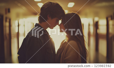 Romance couple gently touching foreheads, romance portrayed in soft light, beautiful moment full of emotions, two young people expressing tender feelings, concept showing romance intimacy. 123981592