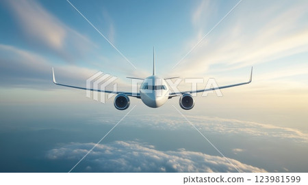 Airplane flying over a horizon 123981599