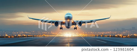 Bright Runway Lights and Jet Takeoff 123981604