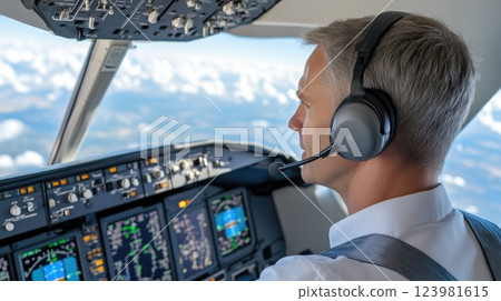 Inside cockpit view of a focused pilot Inside cockpit view of a focused pilot 123981615