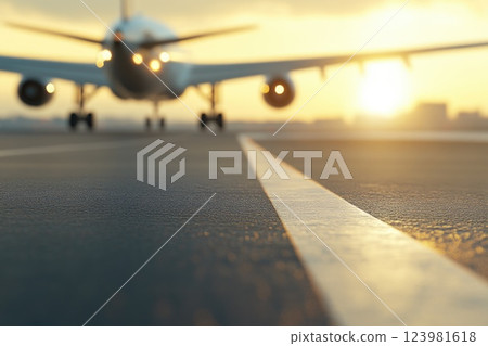 Aircraft nearing runway with powerful landing lights Aircraft nearing runway with powerful landing lights 123981618