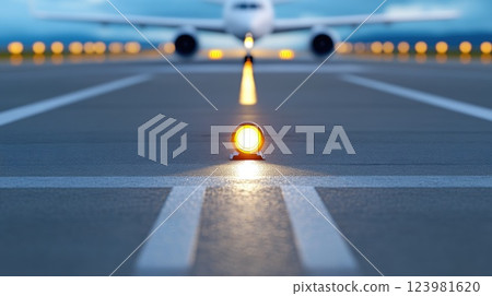 Runway illuminated by airplane landing lights Runway illuminated by airplane landing lights 123981620