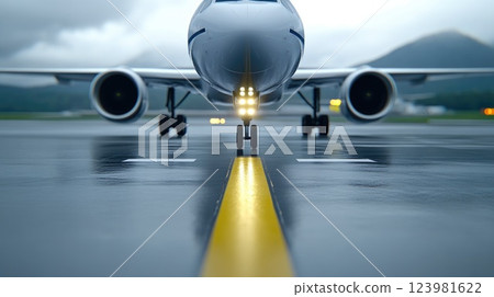 Close-up of airplane landing for touchdown Close-up of airplane landing for touchdown 123981622