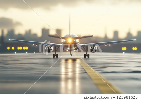 Airplane descending towards runway for landing 123981623