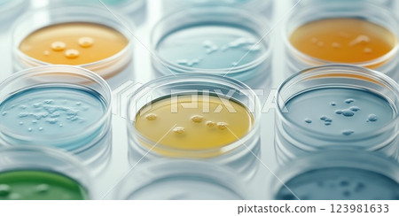 Close-up of colorful bacterial colonies in petri dishes Close-up of colorful bacterial colonies in petri dishes 123981633