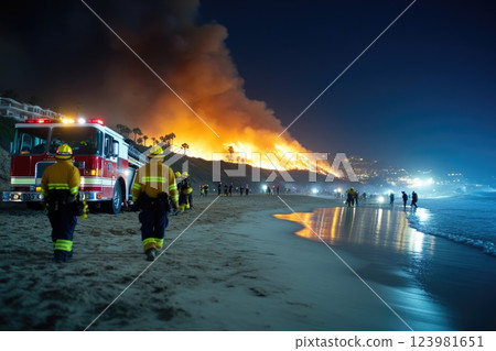 Nighttime firefighting crew battling massive blaze 123981651