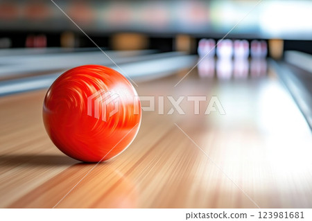 Bowling Ball Rolling Down Polished Lane in Motion Bowling Ball Rolling Down Polished Lane in Motion 123981681