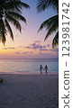 Romantic sunset walk on tropical beach with palm trees 123981742