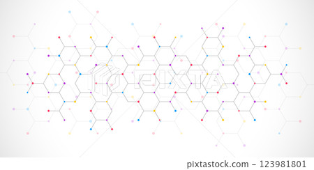 Genetic engineering and molecular structure, hexagon DNA network, science chemical and biotechnology concept, innovation technology, healthcare, and medicine design. 123981801