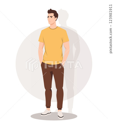 Casual Young Man in a Yellow T-Shirt and Brown Pants Standing in a Relaxed Pose. Perfect for fashion and lifestyle themes. Casual Young Man in a Yellow T-Shirt and Brown Pants Standing in a Relaxed Pose. Perfect for fashion and lifestyle themes. 123981911