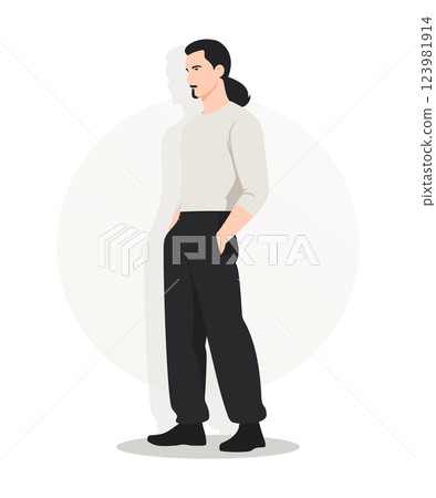 Young Man with Long Hair in a White T-Shirt and Black Pants Standing Casually 123981914