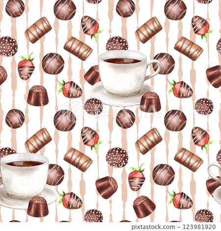 Chocolate candies and cup of coffee, watercolor seamless pattern. Hand drawn sweet background. 123981920