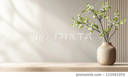 modern vase with blooming branches sits on wooden table, creating serene atmosphere 123981950
