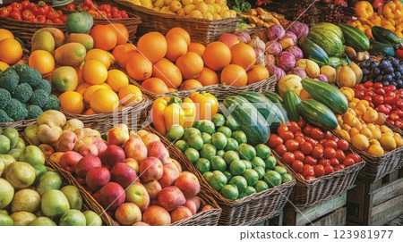 Fresh produce displaying vibrant colors at a farmers market 123981977