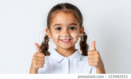 Positive schoolgirl showing thumbs-up on white background Positive schoolgirl showing thumbs-up on white background 123982012