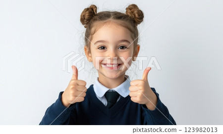Smiling schoolgirl giving thumbs-up on white backdrop Smiling schoolgirl giving thumbs-up on white backdrop 123982013
