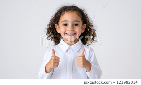 Happy schoolgirl showing approval on plain white background Happy schoolgirl showing approval on plain white background 123982014