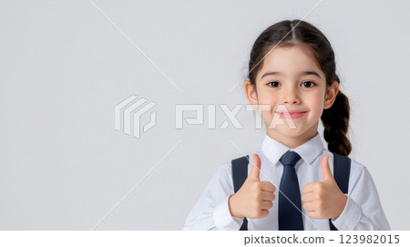Schoolgirl with thumbs up on white background Schoolgirl with thumbs up on white background 123982015