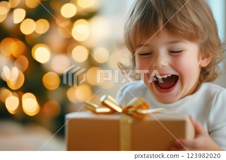 Excited little one revealing gift Excited little one revealing gift 123982020