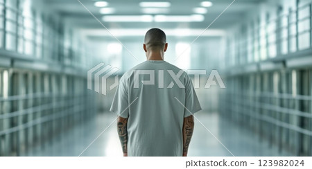 Prisoner showing off tattoos in crowded cell Prisoner showing off tattoos in crowded cell 123982024