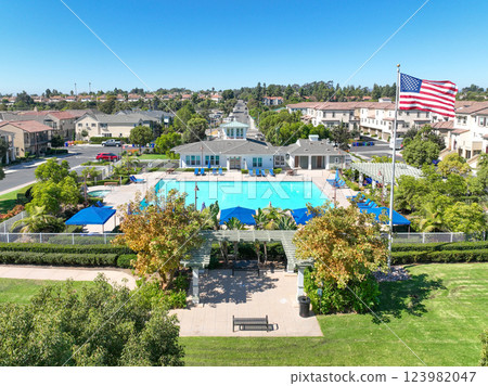Aerial view of middle class community identical condominium, Oceanside, South California 123982047
