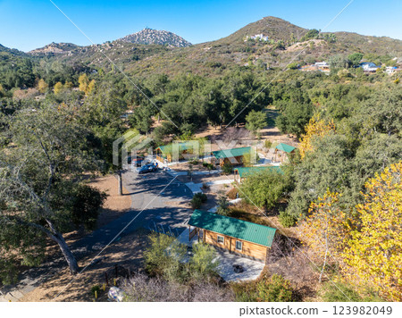 Aerial view of Campsites in the valley of Dos Picos County Park in Ramona 123982049