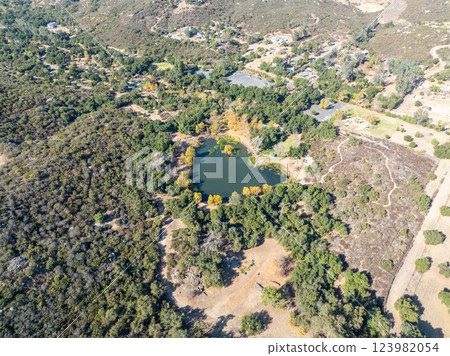 Aerial view of small lake in the in the valley of Dos Picos County Park in Ramona Aerial view of small lake in the in the valley of Dos Picos County Park in Ramona 123982054